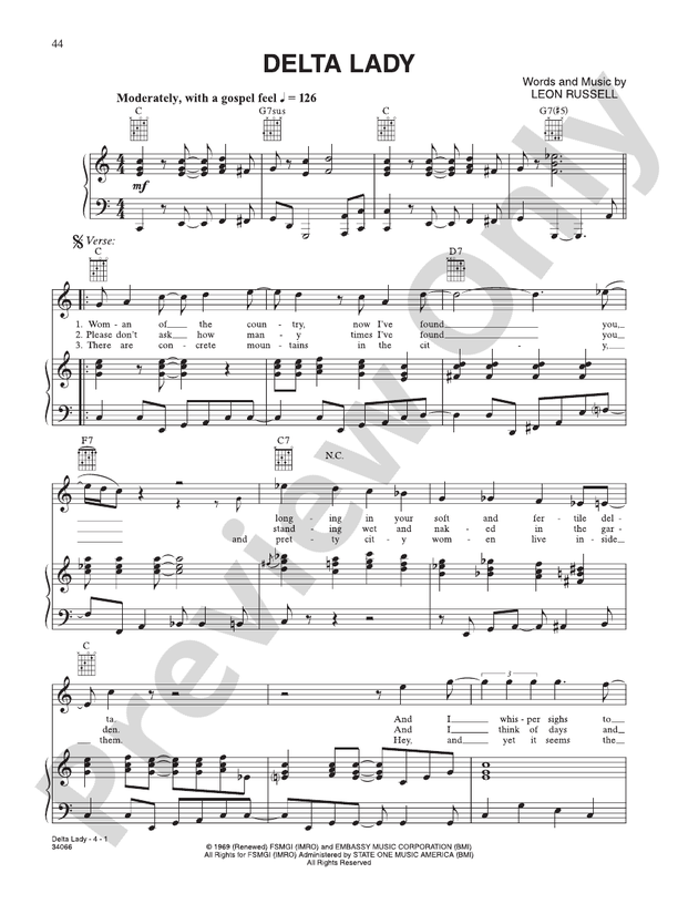 Music　Piano/Vocal/Chords:　Digital　Sheet　Delta　Cocker　Joe　Lady:　Download