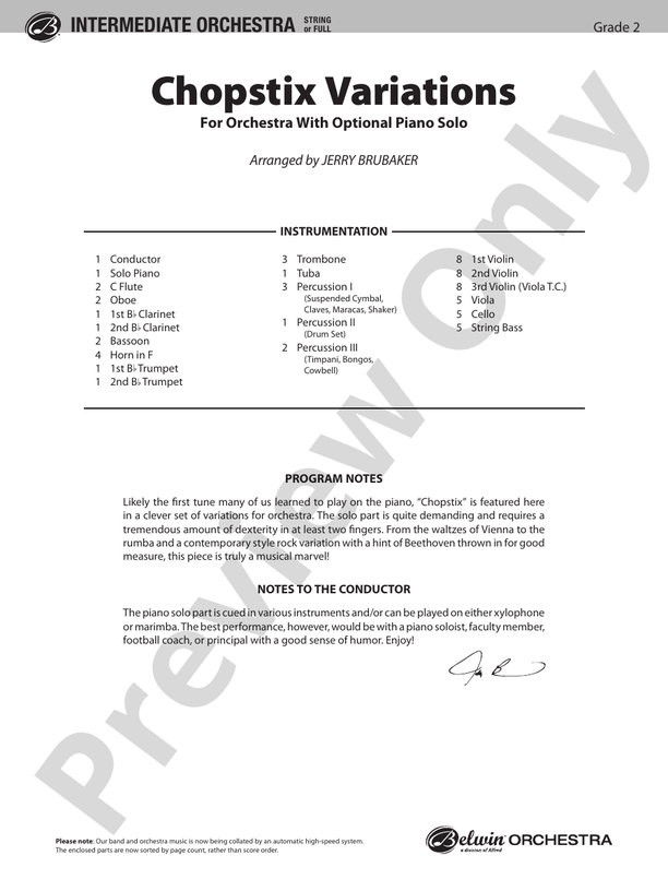Chopstix Variations (with Opt. Piano Solo) Full Orchestra Conductor Score & Parts Digital