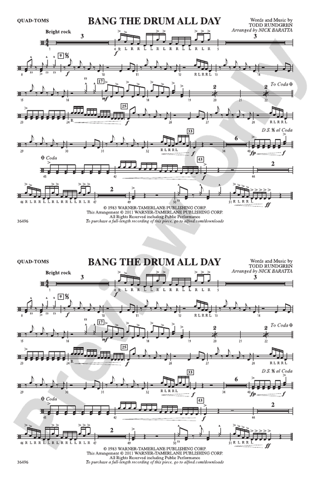 Bang the Drum All Day QuadToms QuadToms Part Digital Sheet Music Download