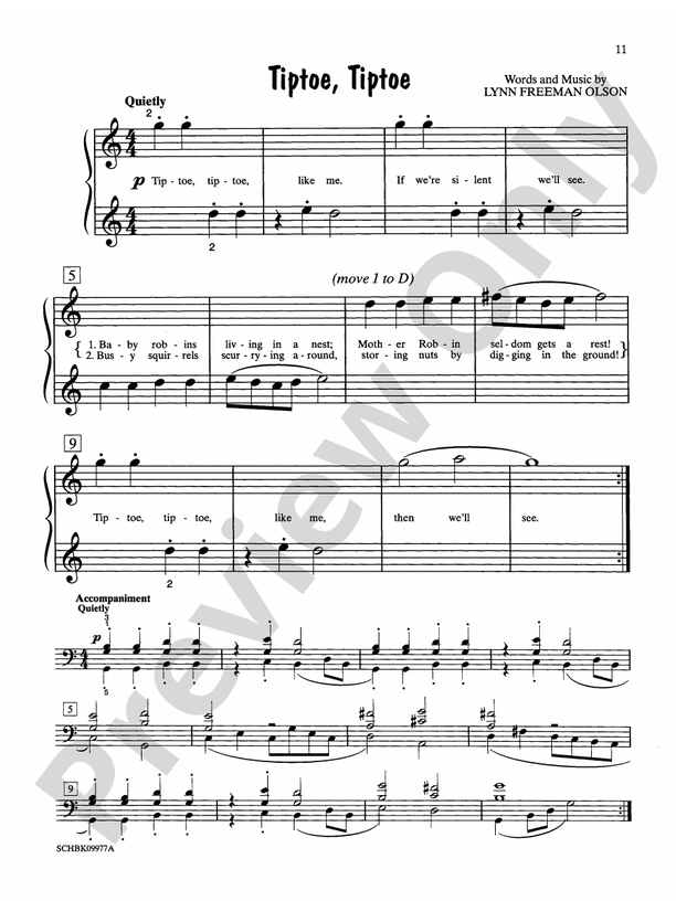 Tiptoe, Tiptoe - Piano Solo with Lyrics (with Optional Duet Accompaniments)