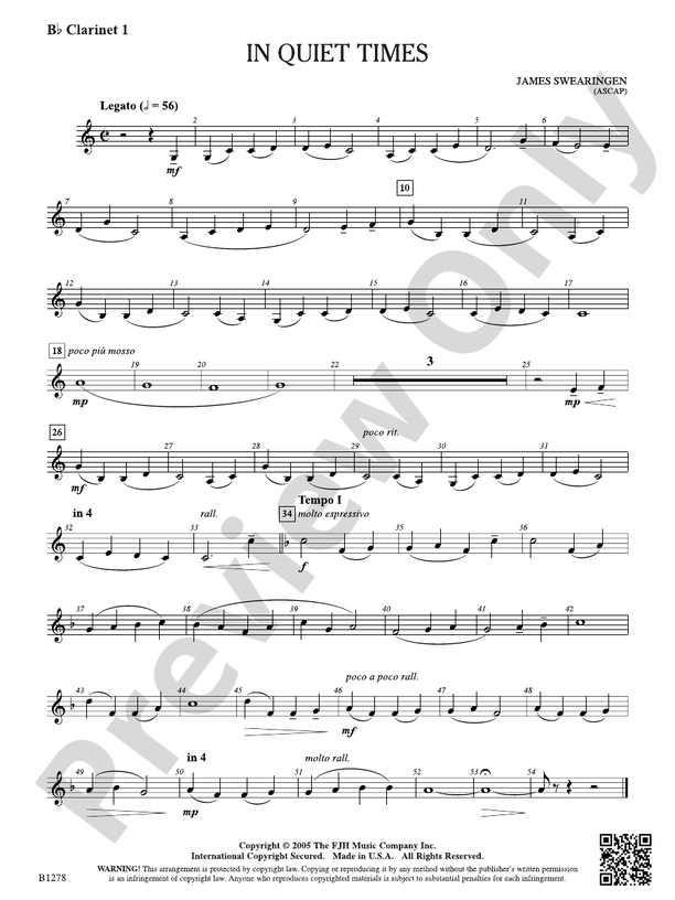 In Quiet Times: B-flat Clarinet 1: B-flat Clarinet 1 Part: James