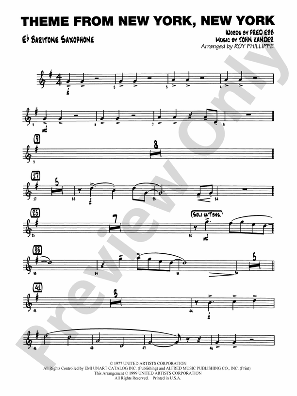 New York, New York, Theme from Eflat Baritone Saxophone Eflat
