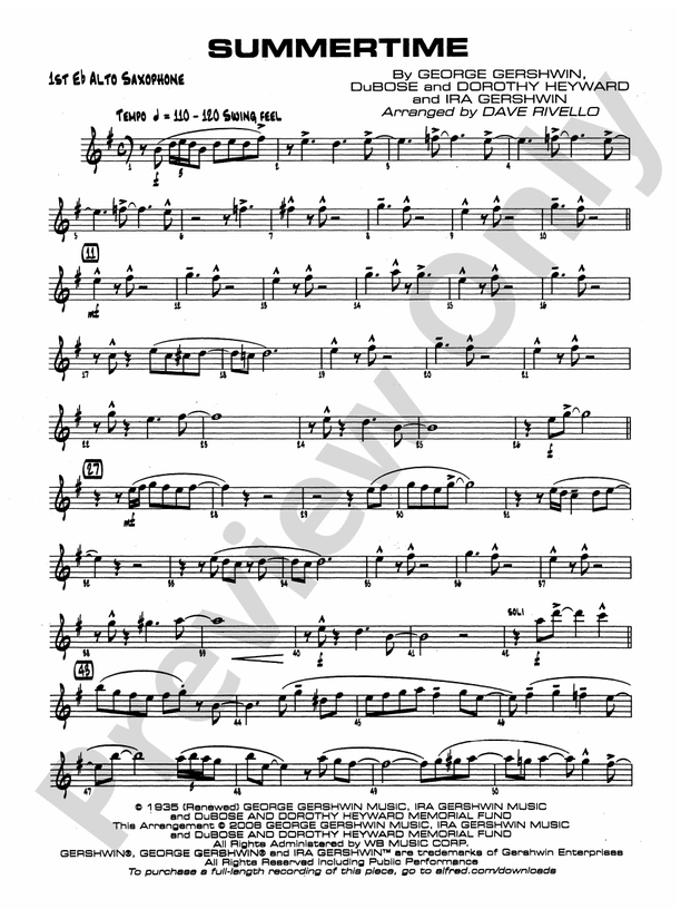 Summertime Eflat Alto Saxophone Eflat Alto Saxophone Part Digital