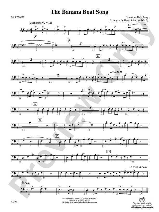 The Banana Boat Song Baritone B.C. Baritone B.C. Part Digital Sheet