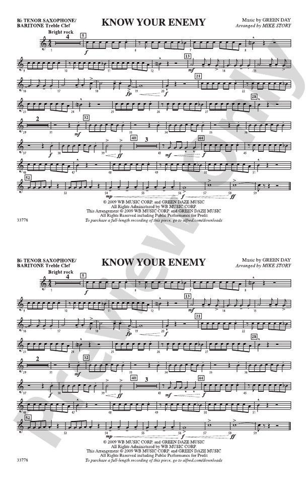 Know Your Enemy Bb Tenor Saxophone/Bartione Treble Clef Bb Tenor