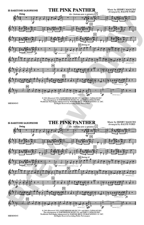 The Pink Panther Eflat Baritone Saxophone Eflat Baritone Saxophone Part Digital Sheet