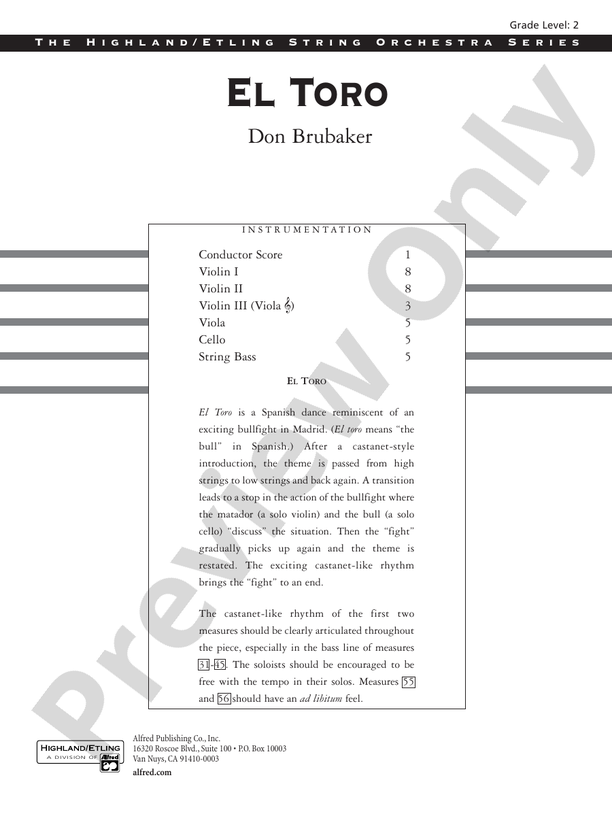 El Toro: Score: String Orchestra Score - Digital Sheet Music Download