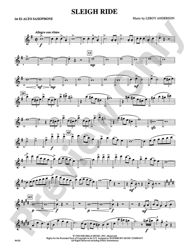 Sleigh Ride: E-flat Alto Saxophone: E-flat Alto Saxophone Part - Digital  Sheet Music Download