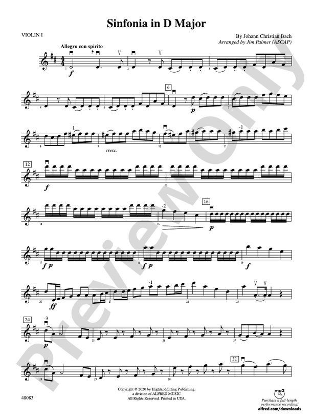 Sinfonia in D Major: 1st Violin: 1st Violin Part - Digital Sheet
