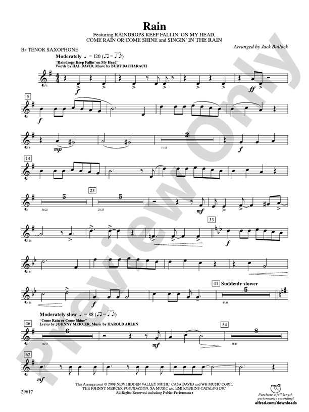 Rain Bflat Tenor Saxophone Bflat Tenor Saxophone Part Digital