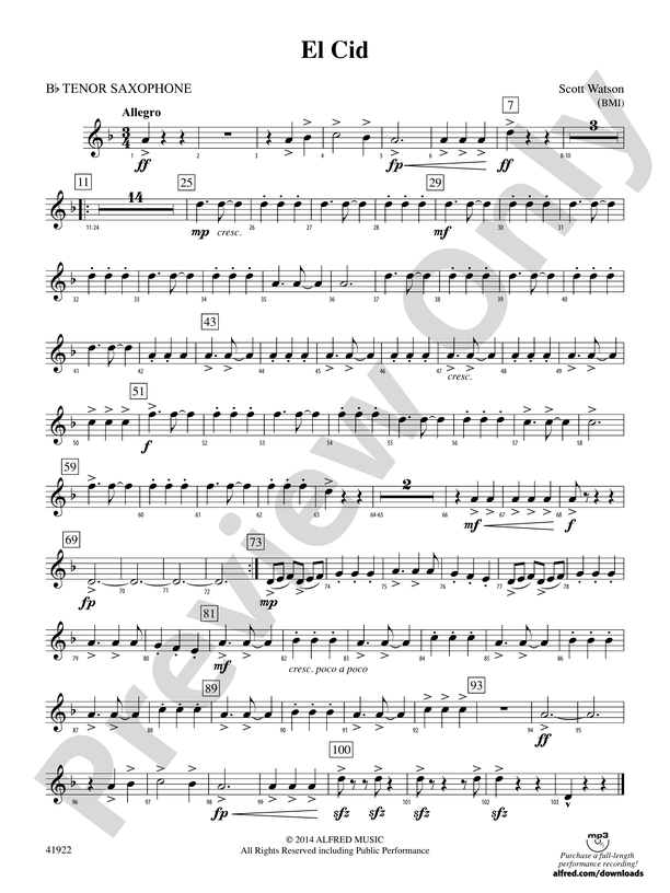 El Cid: B-flat Tenor Saxophone: B-flat Tenor Saxophone Part - Digital Sheet  Music Download