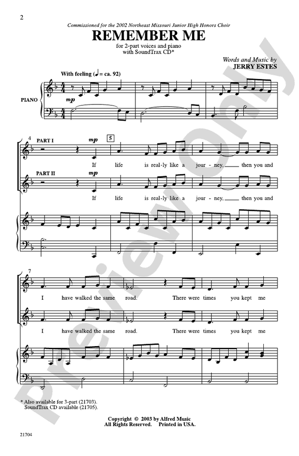 Remember Me 2Part Choral Octavo Jerry Estes Digital Sheet Music