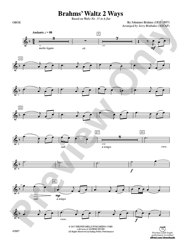 Brahms' Waltz 2 Ways Oboe Oboe Part Digital Sheet Music Download
