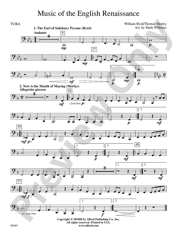 Music of the English Renaissance Tuba Tuba Part Digital Sheet Music