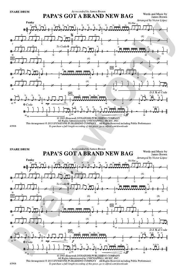 Papa's Got a Brand New Bag: Snare Drum: Snare Drum Part - Digital Sheet
