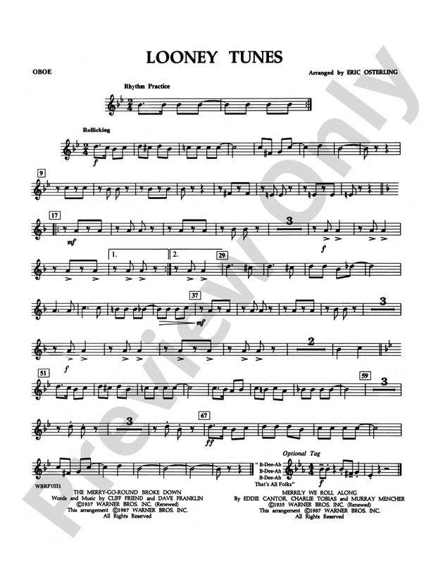 Looney Tunes Oboe Oboe Part Digital Sheet Music Download