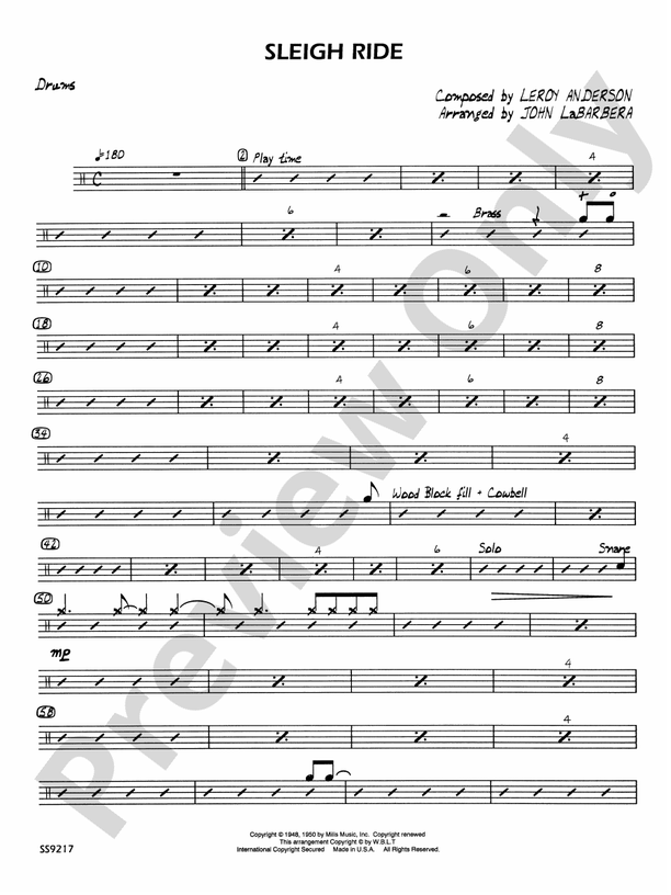 Sleigh Ride Drums Drums Part Digital Sheet Music Download