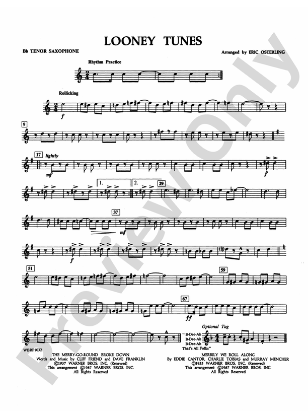 Looney Tunes Bflat Tenor Saxophone Bflat Tenor Saxophone Part