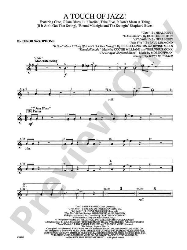 Take Five: B-flat Tenor Saxophone: B-flat Tenor Saxophone Part - Digital  Sheet Music Download