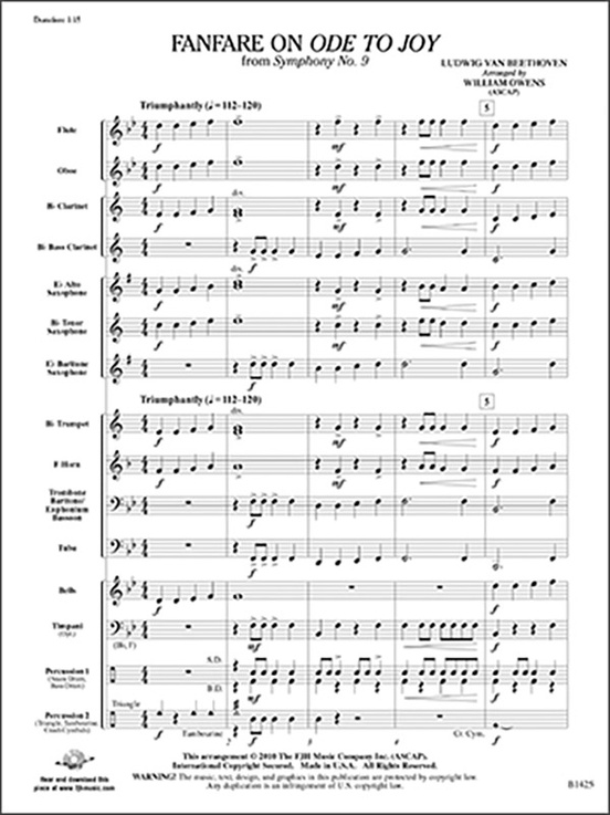 Fanfare On Ode To Joy From Symphony No Concert Band Conductor Score Parts Ludwig Van