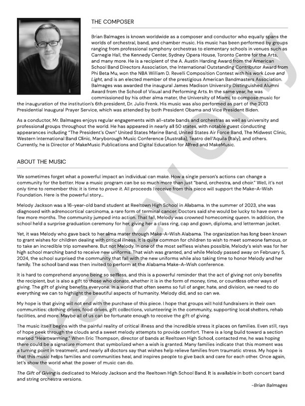 The Gift of Giving: Concert Band Conductor Score & Parts: Brian