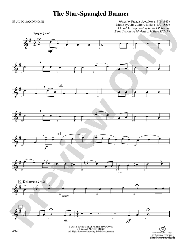 The Star Spangled Banner E Flat Alto Saxophone E Flat Alto Saxophone Part Digital Sheet 