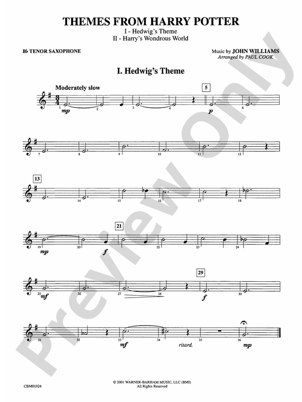 Harry Potter, Themes from Bflat Tenor Saxophone Bflat Tenor