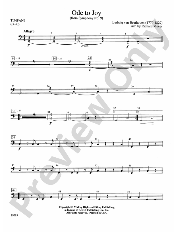 Ode to Joy from Symphony No. 9 Timpani Timpani Part Digital Sheet