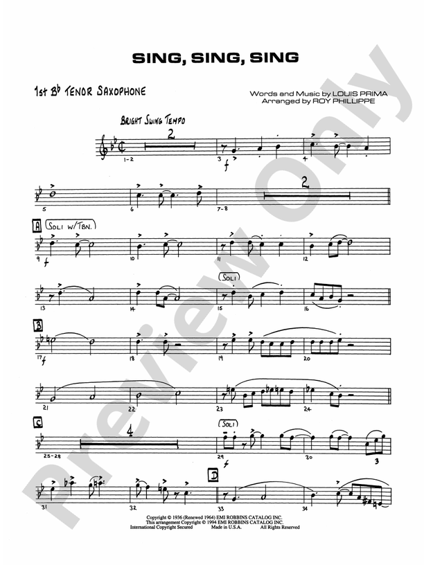 Sing, Sing, Sing Bflat Tenor Saxophone Bflat Tenor Saxophone Part