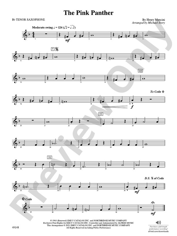 The Pink Panther Bflat Tenor Saxophone Bflat Tenor Saxophone Part Digital Sheet Music Download