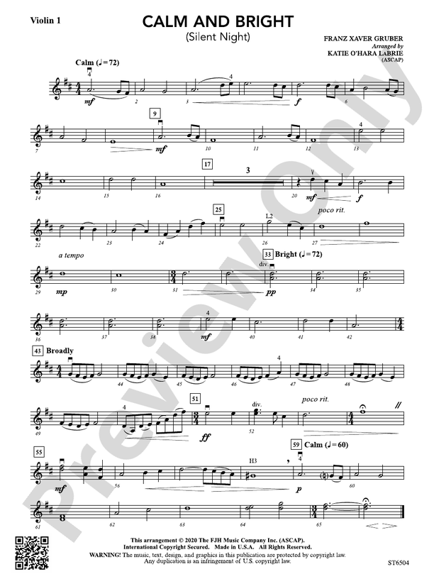 Calm and Bright (Silent Night): Violin 1: Violin 1 Part: Franz