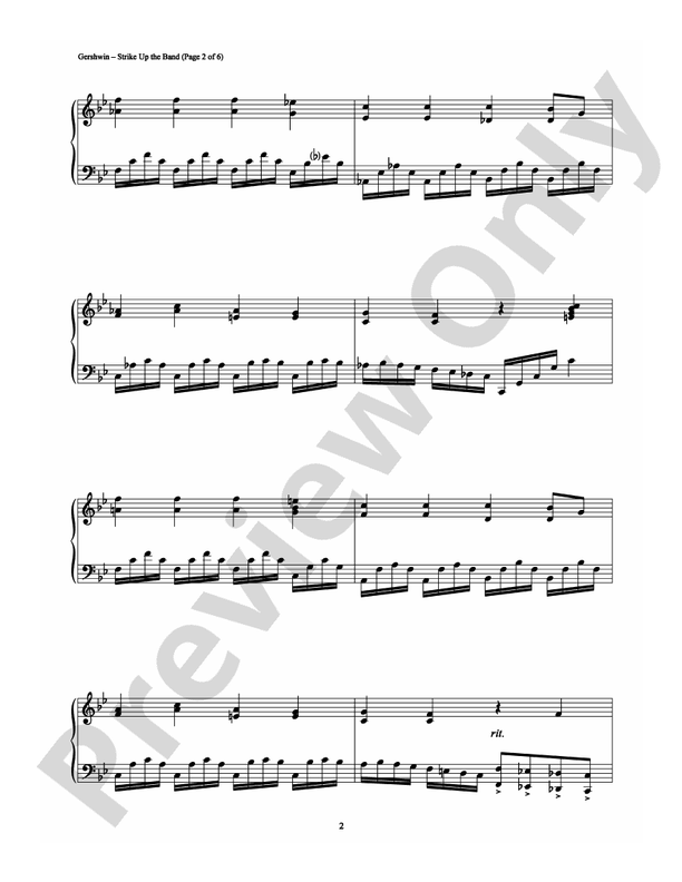 Digital sheet music download artwork for "Strike Up the Band" for piano, featuring the classic Gershwin show-tune appeal