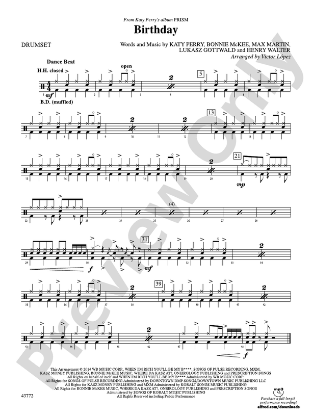 Birthday Drums Drums Part Digital Sheet Music Download
