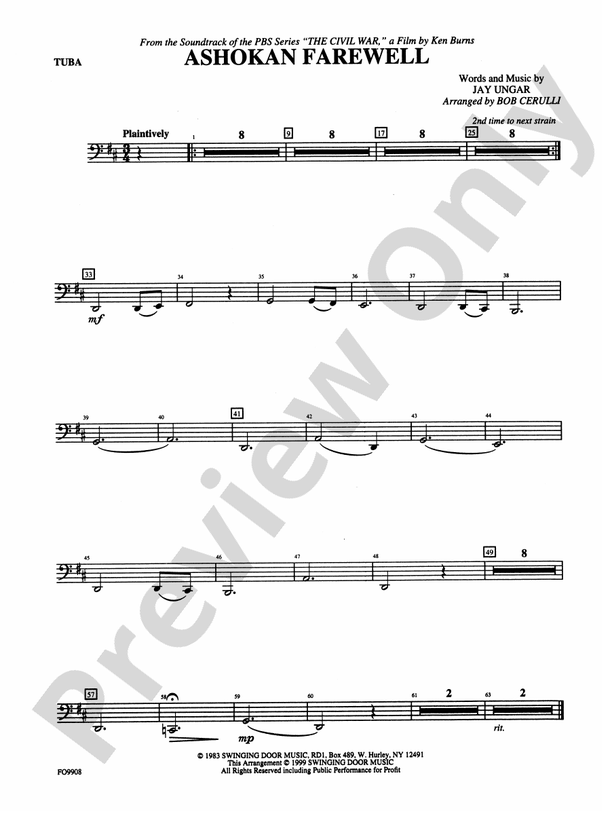 Ashokan Farewell Tuba Tuba Part Digital Sheet Music Download