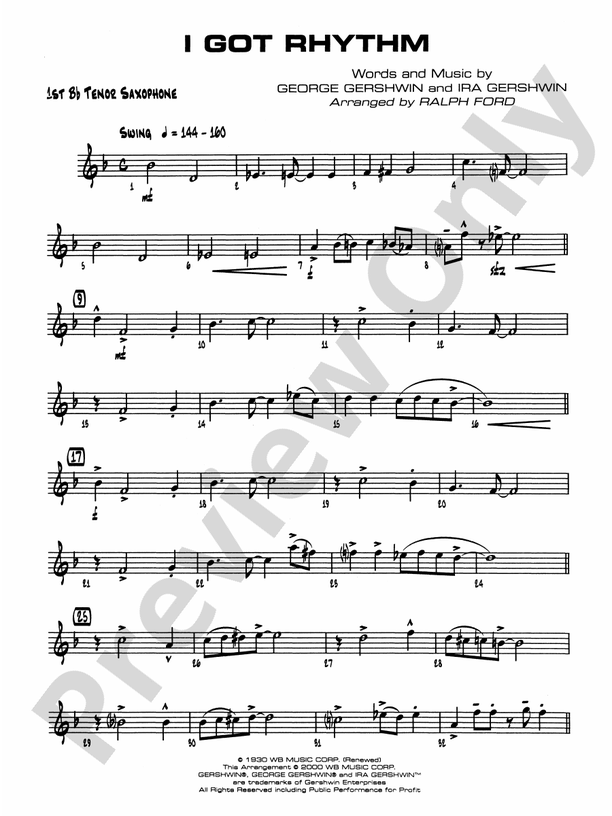 I Got Rhythm: B-flat Tenor Saxophone: B-flat Tenor Saxophone Part - Digital Sheet Music Download