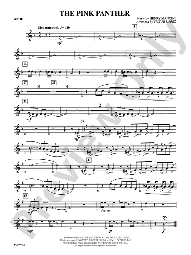 The Pink Panther Oboe Oboe Part Digital Sheet Music Download 