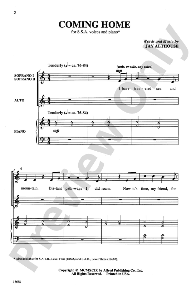 Coming Home: SSA Choral Octavo: Jay Althouse - Digital Sheet Music Download