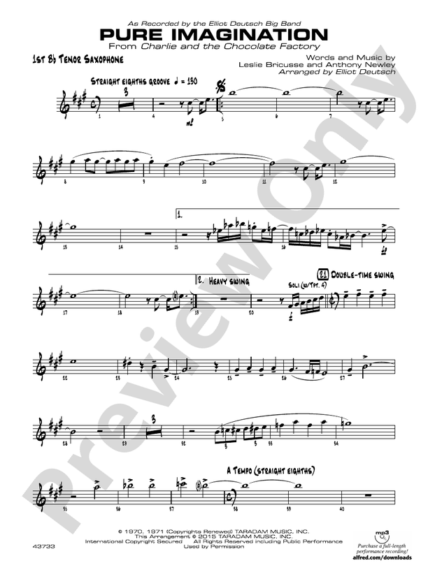 Pure Imagination Bflat Tenor Saxophone Bflat Tenor Saxophone Part Digital Sheet Music Download