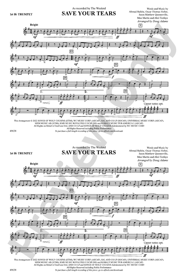 Save Your Tears 1st Bflat Trumpet 1st Bflat Trumpet Part Digital