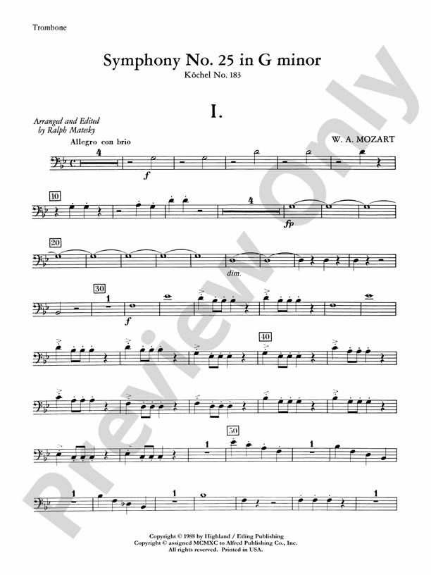 Mozart's Symphony No. 25 in G Minor, 1st & 2nd Movements 1st Trombone 1st Trombone Part