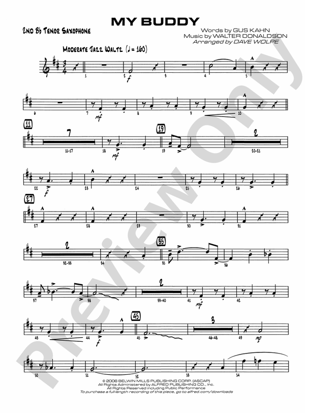 My Buddy 2nd B Flat Tenor Saxophone 2nd B Flat Tenor Saxophone Part Digital Sheet Music Download 