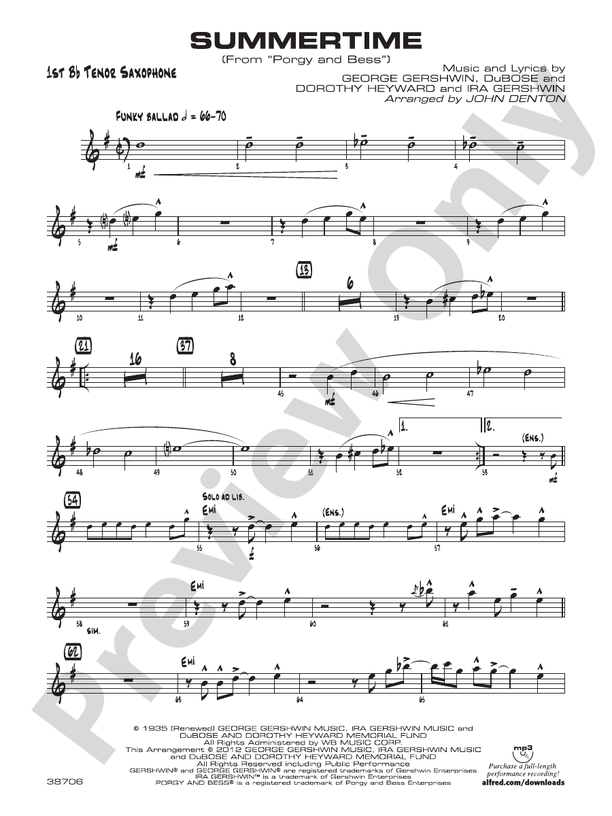 Summertime: B-flat Tenor Saxophone: B-flat Tenor Saxophone Part ...