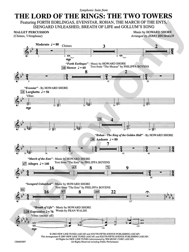 The Lord of the Rings: The Two Towers, Symphonic Suite from: Full Orchestra  Conductor Score & Parts: Howard Shore