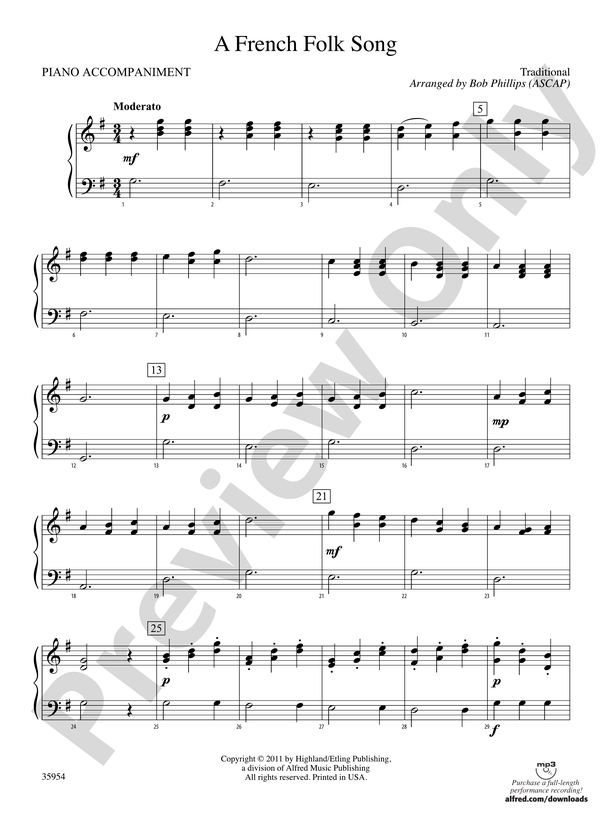 A French Folk Song: Piano Accompaniment: Piano Accompaniment Part - Digital  Sheet Music Download