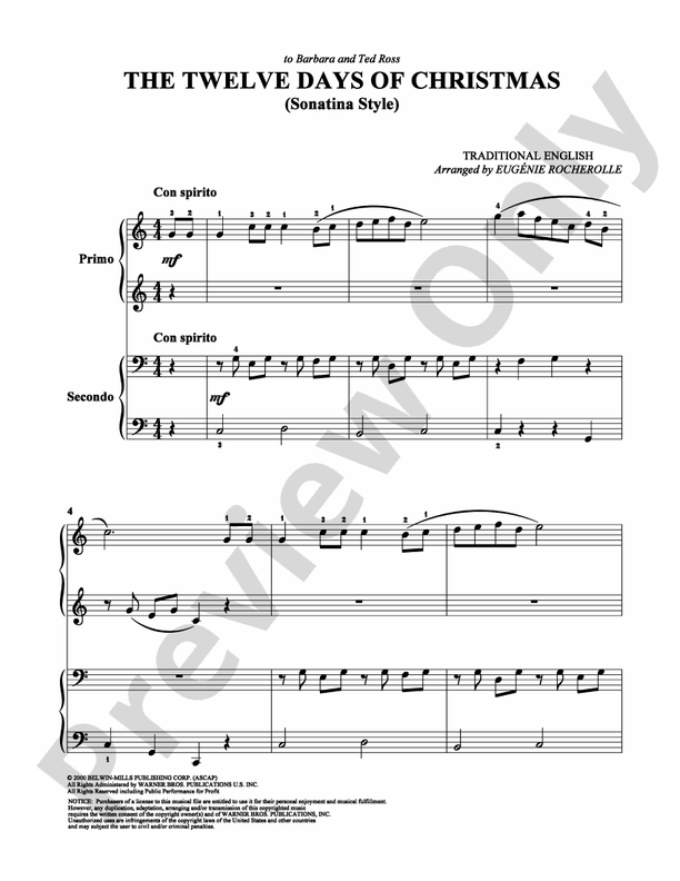 The Twelve Days of Christmas: Piano Duets & Four Hands: Traditional - Digital Sheet Music Download for Free Printable 12 Days Of Christmas Sheet Music