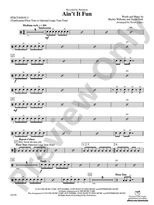 Ain't It Fun: 2nd Percussion: 2nd Percussion Part - Digital Sheet Music ...