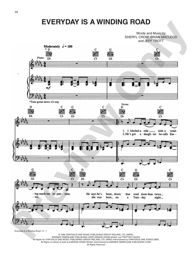 Everyday is a winding road piano vocal chords sheryl crow digital