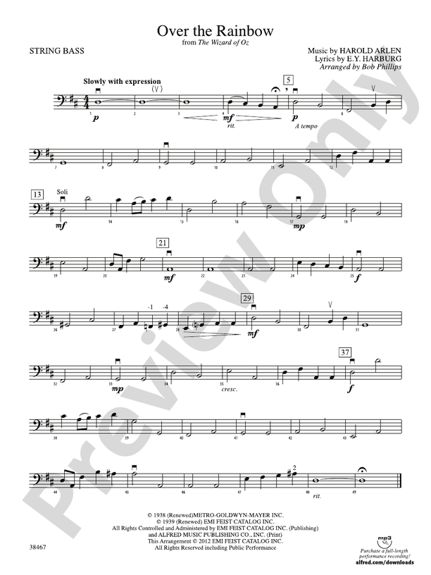 Over The Rainbow From The Wizard Of Oz String Bass String Bass Part Digital Sheet Music