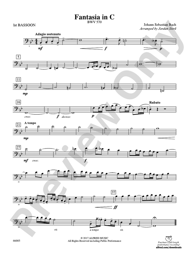 Fantasia in C Bassoon Bassoon Part Digital Sheet Music Download