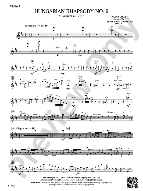 Hungarian Rhapsody No 9: Violin 1: Violin 1 Part: Franz Liszt